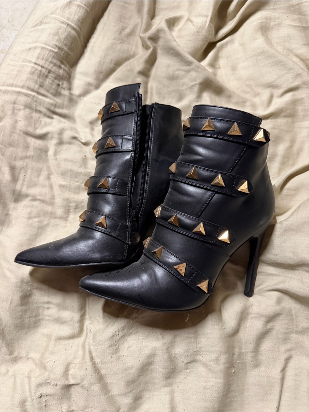 Black Studded Pointed Toe Stiletto Booties